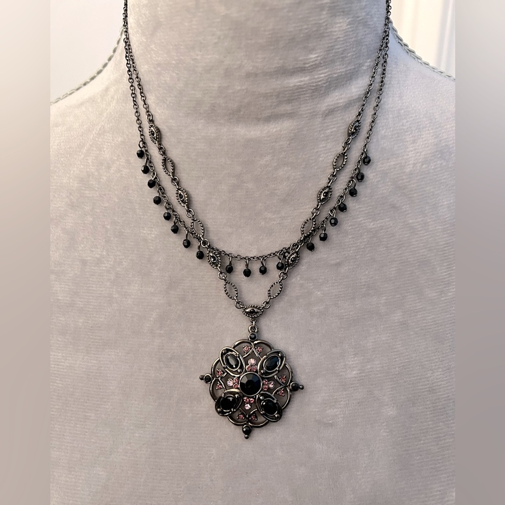 Black and Pink Stone 2 Strand Necklace 18”